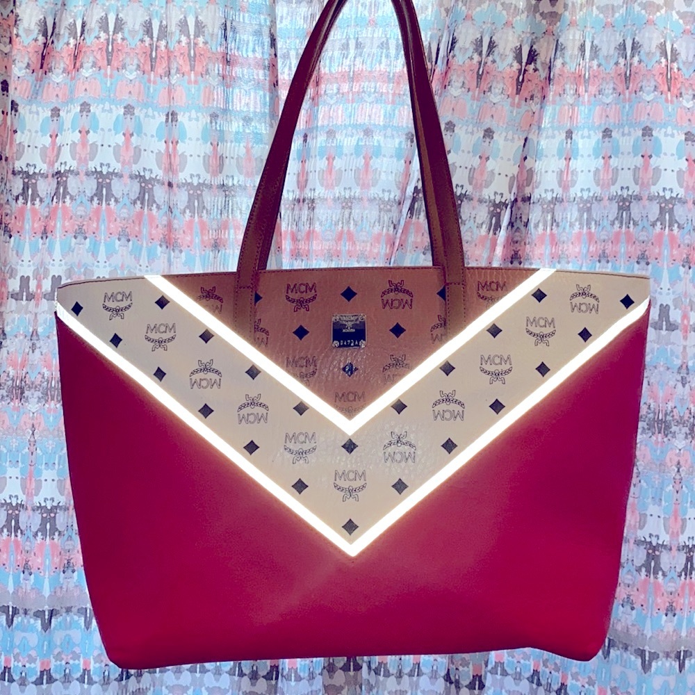 MCM Visetos Top Zip Shopper Cognac & Red Chevron